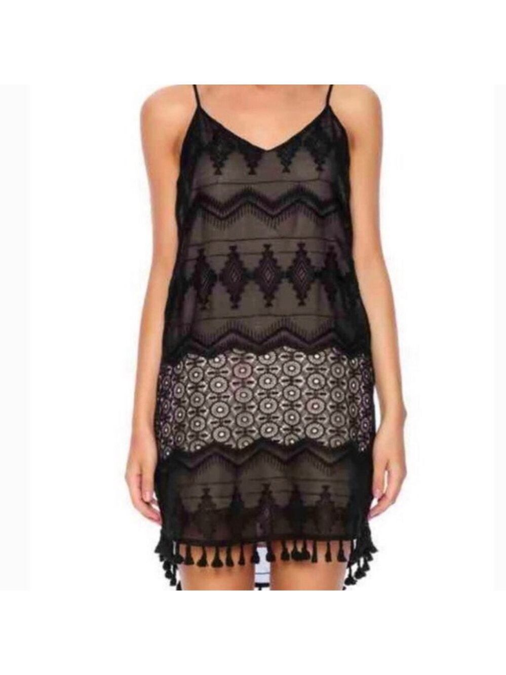 Eight Sixty Slip Dress with Embroidery Lace Overlay Black Nude Tassel Hem SZ M